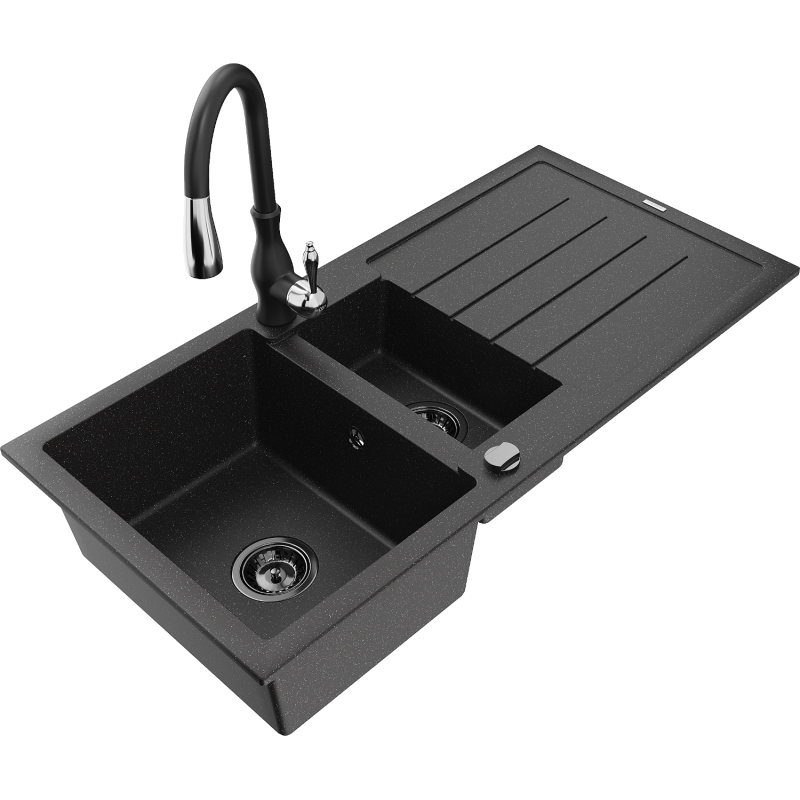 Mexen Andres chiuvetă granit 1,5-camere cu scurgător și baterie bucătărie Savita, negru/argintiu - 6515-73-672601-70-B