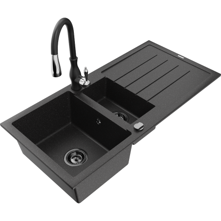Mexen Andres chiuvetă de granit cu 1,5 compartimente cu picurător și baterie de bucătărie Savita, negru/argintiu