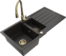 Mexen Andres 1,5 rekeszes gránit mosogató csepegtetővel és Savita konyhai csappal, fekete/arany metál - 6515-75-672601-50