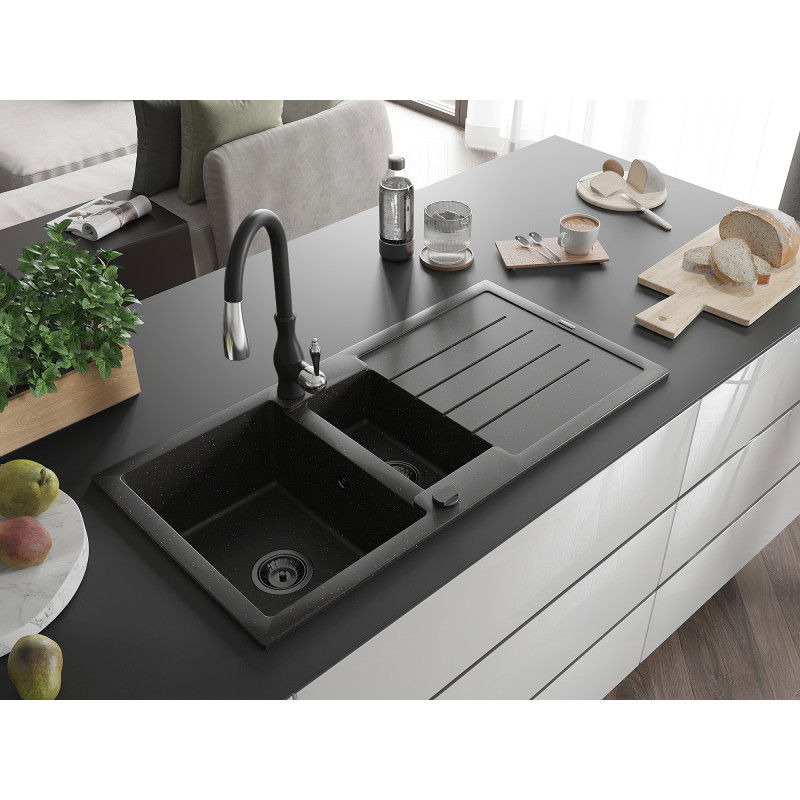 Mexen Andres gránit mosogató 1,5-medencés csepegtetővel és Savita konyhai csapteleppel, fekete/arany - 6515-75-672601-70-B