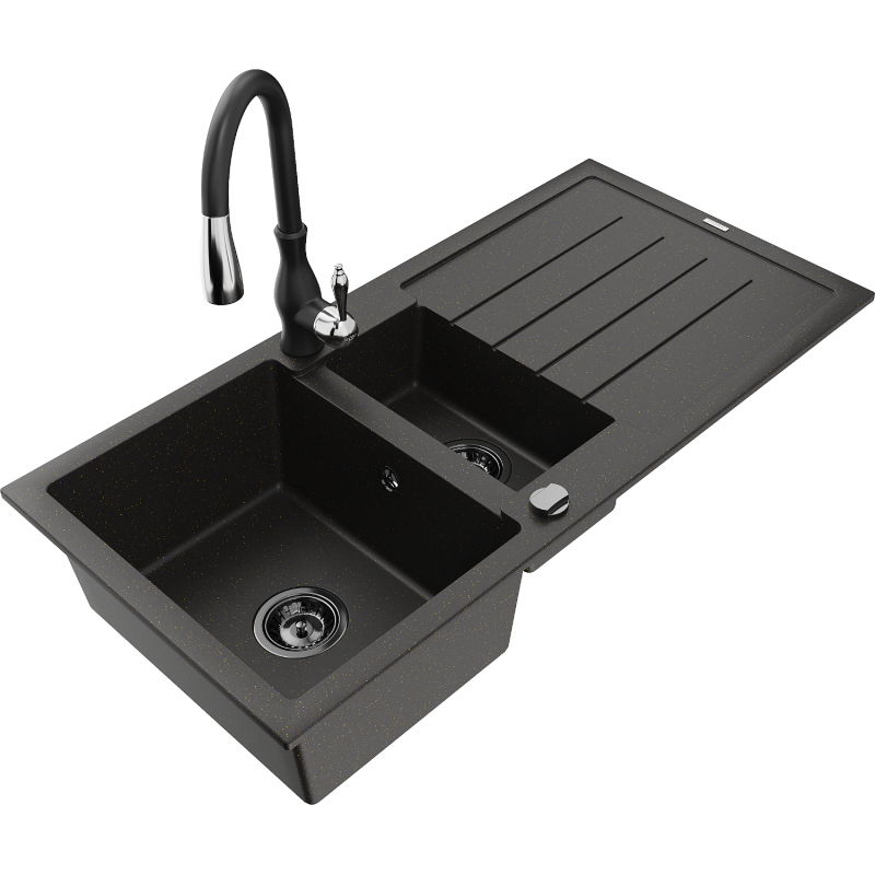 Chiuvetă de granit Mexen Andres 1,5 camere cu scurgere și baterie de bucătărie Savita, negru/auriu - 6515-75-672601-70-B