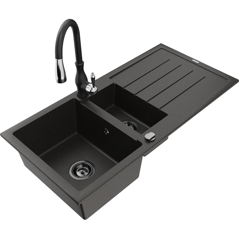 Mexen Andres chiuvetă de bucătărie din granit cu 1,5 compartimente, cu scurgător și baterie de bucătărie Savita,