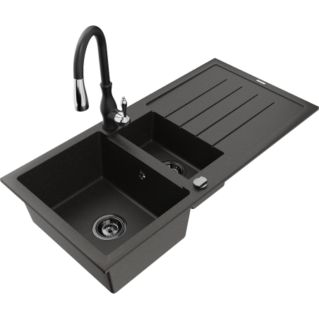 Chiuvetă de granit Mexen Andres 1,5 camere cu scurgere și baterie de bucătărie Savita, negru/auriu - 6515-75-672601-70-B