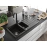 Mexen Andres chiuvetă din granit cu 1,5 compartimente cu scurgător și baterie de bucătărie Savita, negru/auriu metalizat