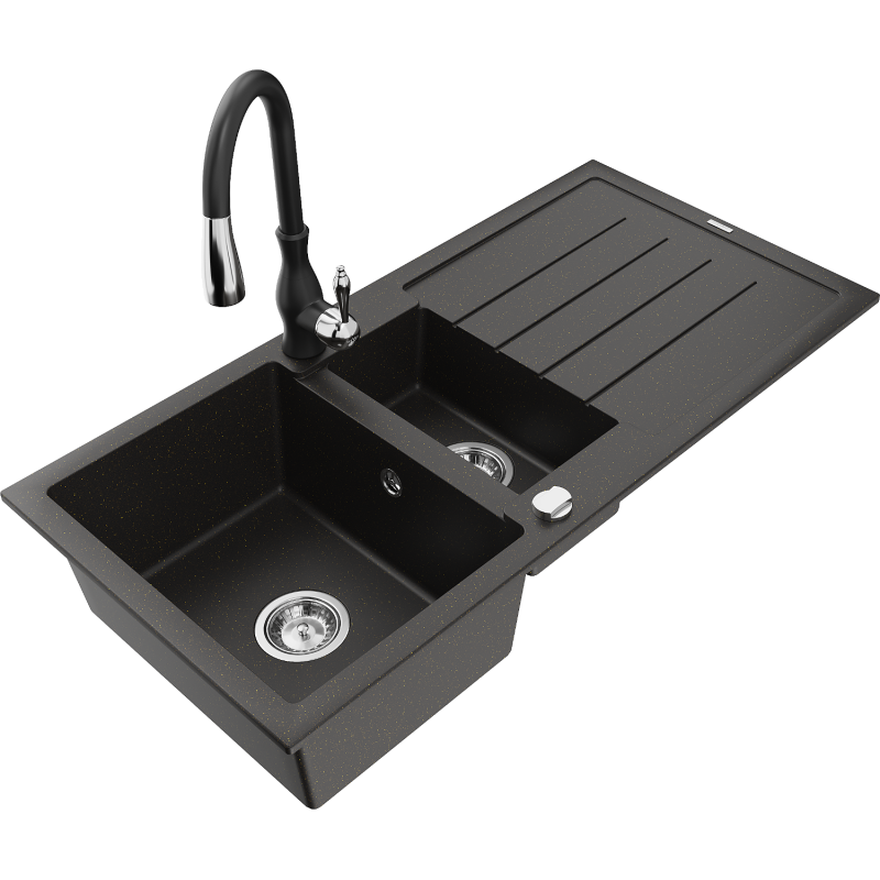 Mexen Andres 1,5 kamrás gránit mosogató csepptálcával és Savita konyhai csapteleppel, fekete/arany metál
