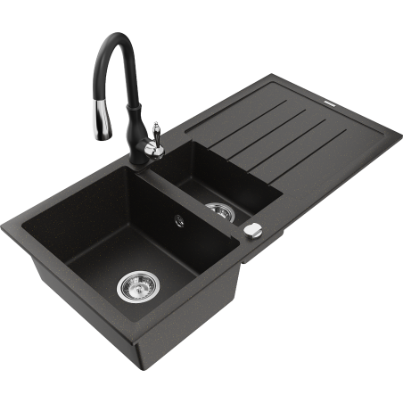 Mexen Andres chiuvetă din granit cu 1,5 compartimente cu scurgător și baterie de bucătărie Savita, negru/auriu metalizat
