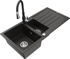 Mexen Andres chiuvetă din granit cu 1,5 compartimente cu scurgător și baterie de bucătărie Savita, negru/auriu metalizat
