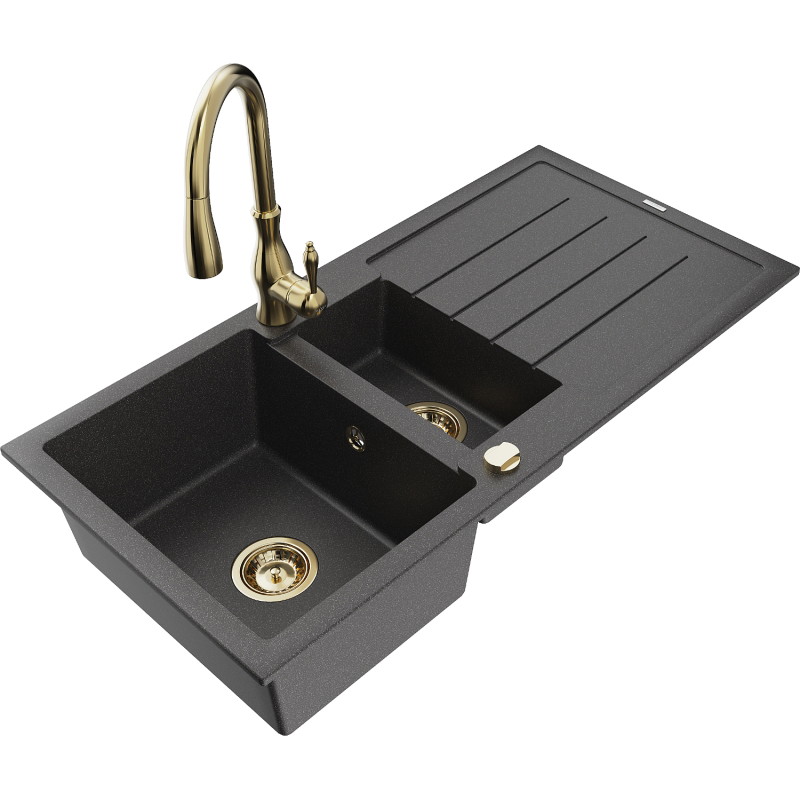 Mexen Andres chiuvetă de granit cu 1,5 compartimente cu scurgător și baterie de bucătărie Savita, neagră cu pete