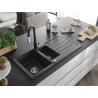 Mexen Andres chiuvetă de granit cu 1,5 compartimente cu scurgător și baterie de bucătărie Savita, negru cu pete