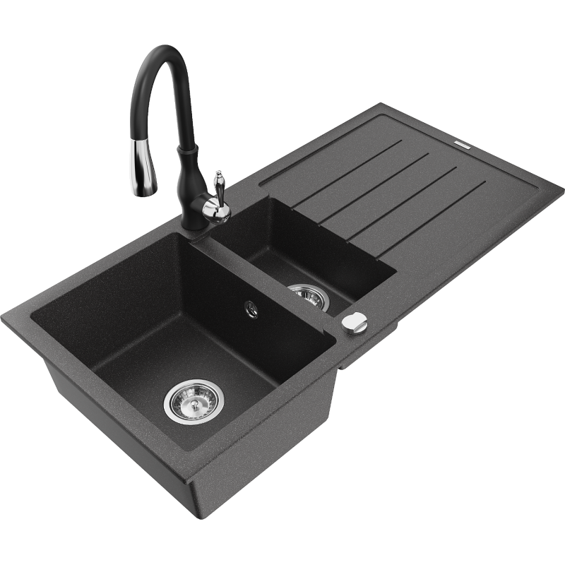 Mexen Andres chiuvetă de granit cu 1,5 compartimente cu scurgător și baterie de bucătărie Savita, negru cu pete
