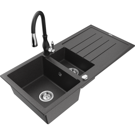 Mexen Andres chiuvetă de granit cu 1,5 compartimente cu scurgător și baterie de bucătărie Savita, negru cu pete