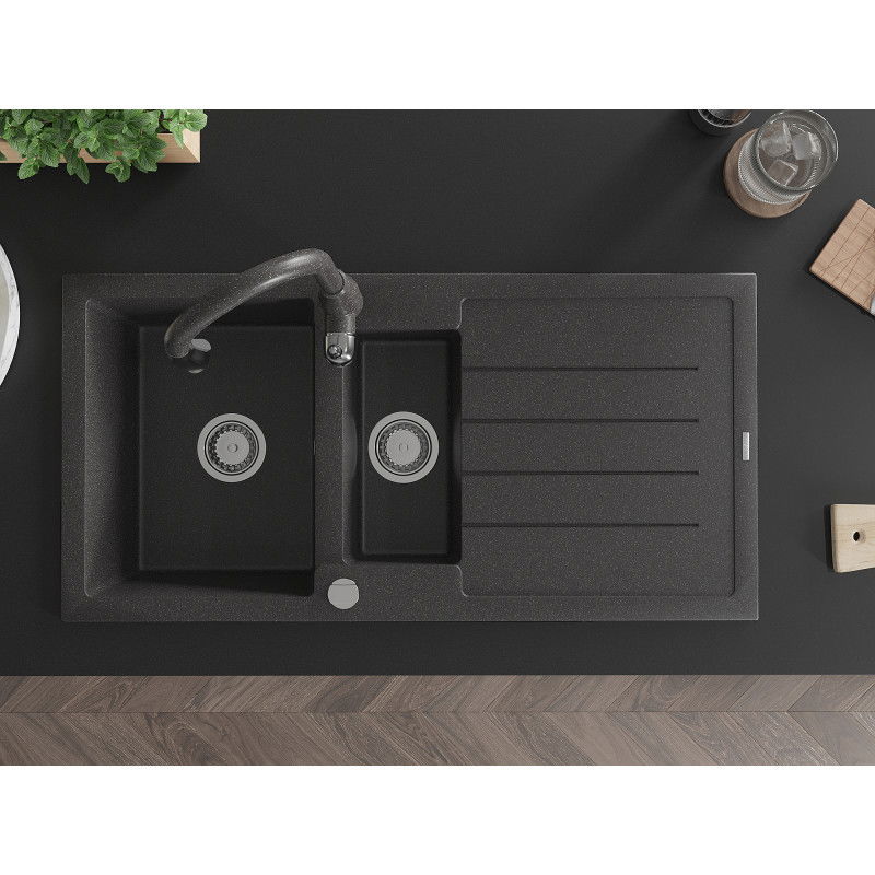 Mexen Andres 1,5-medencés gránit mosogató csepegtetővel és Savita konyhai csappal, fekete pöttyös - 6515-76-672601-76