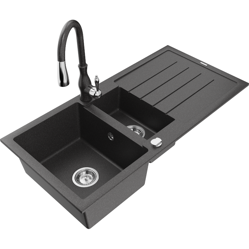 Mexen Andres chiuvetă de bucătărie din granit cu 1,5 compartimente, cu scurgător și baterie Savita, negru picurat