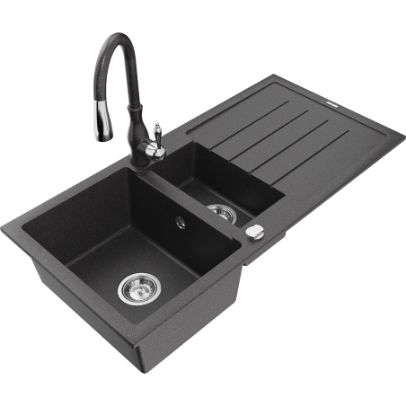 Chiuvetă granitică Mexen Andres 1,5 boluri cu picurător și baterie de bucătărie Savita, negru pătat - 6515-76-672601-76
