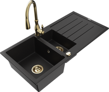Mexen Andres 1,5-medencés gránit mosogató csepegtetővel és Savita konyhai csapteleppel, fekete - 6515-77-672601-50