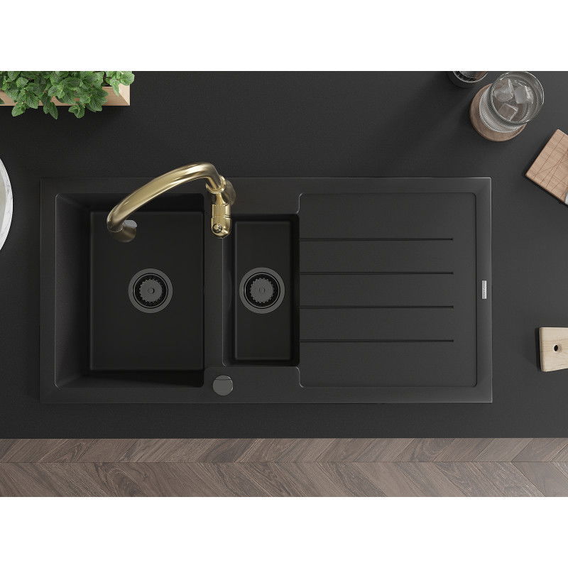 Mexen Andres chiuvetă din granit cu 1,5 compartimente și scurgător și baterie de bucătărie Savita, negru - 6515-77-672601-50-B