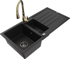 Mexen Andres 1,5 rekeszes gránit mosogató, csepegtetővel és Savita konyhai csappal, fekete - 6515-77-672601-50-B