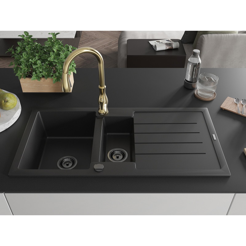 Mexen Andres chiuvetă de granit cu 1,5 cuve și scurgător, cu baterie de bucătărie Savita, negru - 6515-77-672601-50-B