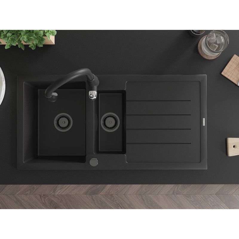 Mexen Andres chiuvetă de granit cu 1,5 compartimente cu scurgător și baterie de bucătărie Savita, negru