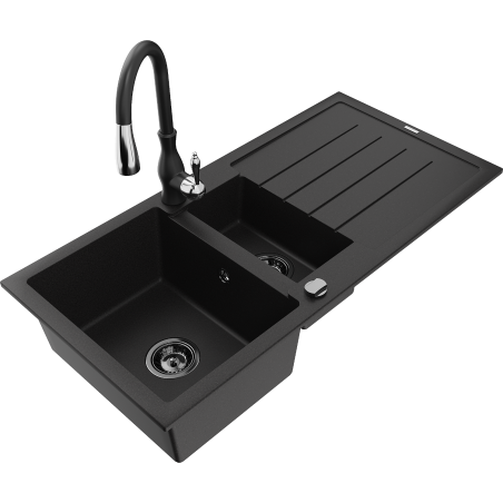 Mexen Andres chiuvetă de granit cu 1,5 compartimente cu scurgător și baterie de bucătărie Savita, negru