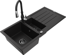 Mexen Andres chiuvetă de granit cu 1,5 compartimente cu scurgător și baterie de bucătărie Savita, negru