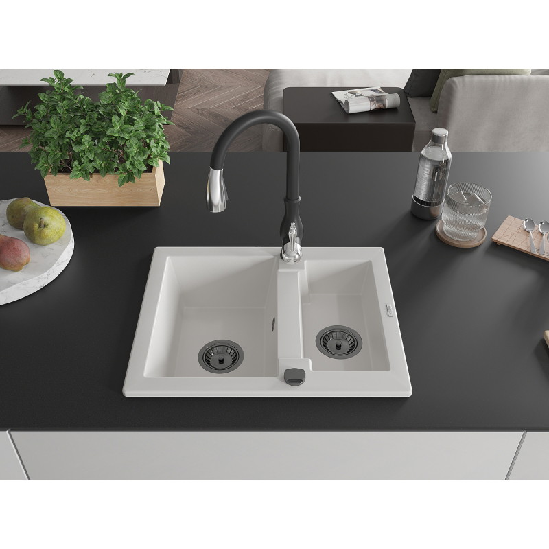 Mexen Carlos chiuvetă de granit 1,5-cu compartiment cu baterie de bucătărie Savita, albă - 6518-20-672601-70