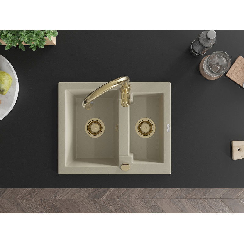 Mexen Carlos gránit mosogatótálca 1,5 kamrás konyhai csappal Savita, bézs - 6518-69-672601-50