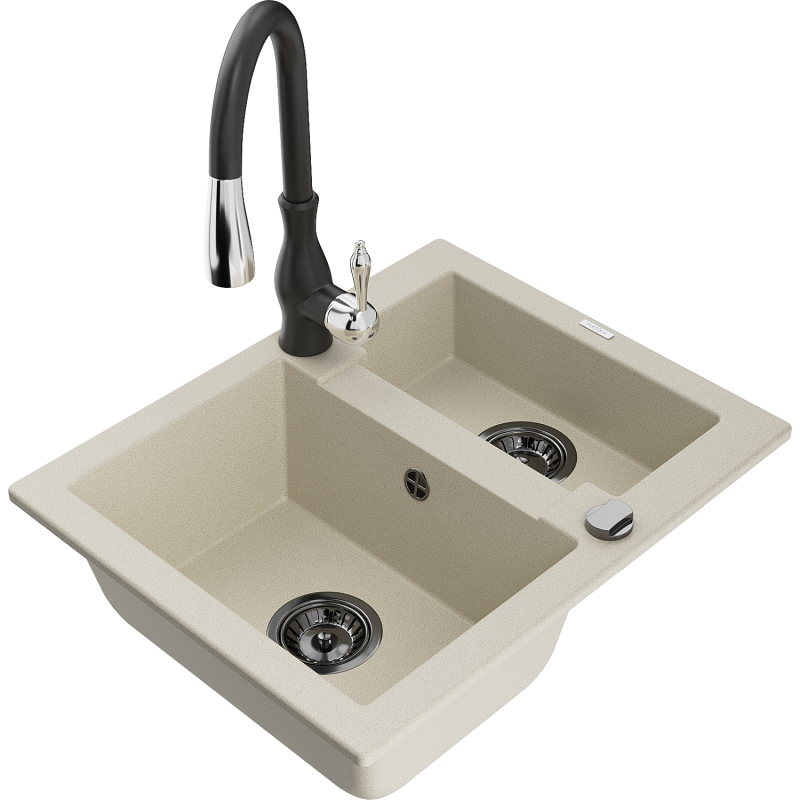 Chiuvetă de granit Mexen Carlos 1,5 camere cu baterie de bucătărie Savita, bej - 6518-69-672601-70