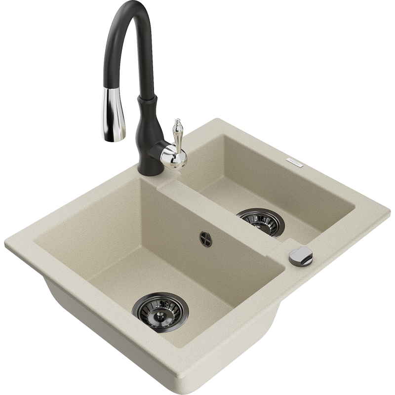 Mexen Carlos chiuvetă de bucătărie din granit cu 1,5 cuve și baterie de bucătărie Savita, bej - 6518-69-672601-70