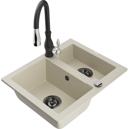 Mexen Carlos chiuvetă de bucătărie din granit cu 1,5 cuve și baterie de bucătărie Savita, bej - 6518-69-672601-70