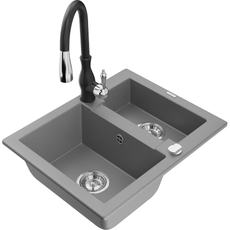 Mexen Carlos chiuvetă din granit cu 1,5 cuve și baterie de bucătărie Savita, gri - 6518-71-672601-70