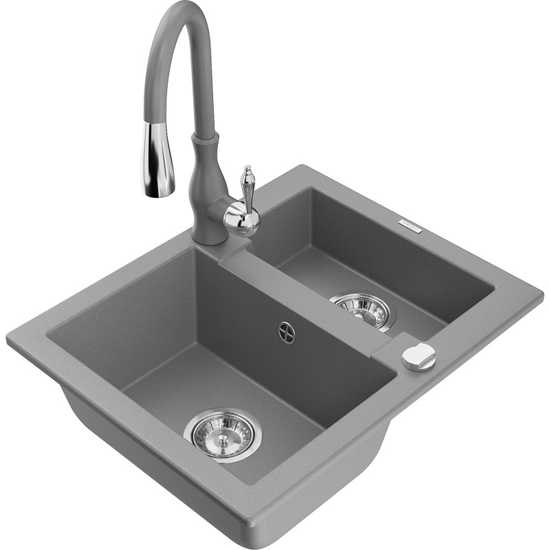Mexen Carlos chiuvetă de granit 1,5 camere cu baterie de bucătărie Savita, gri - 6518-71-672601-71