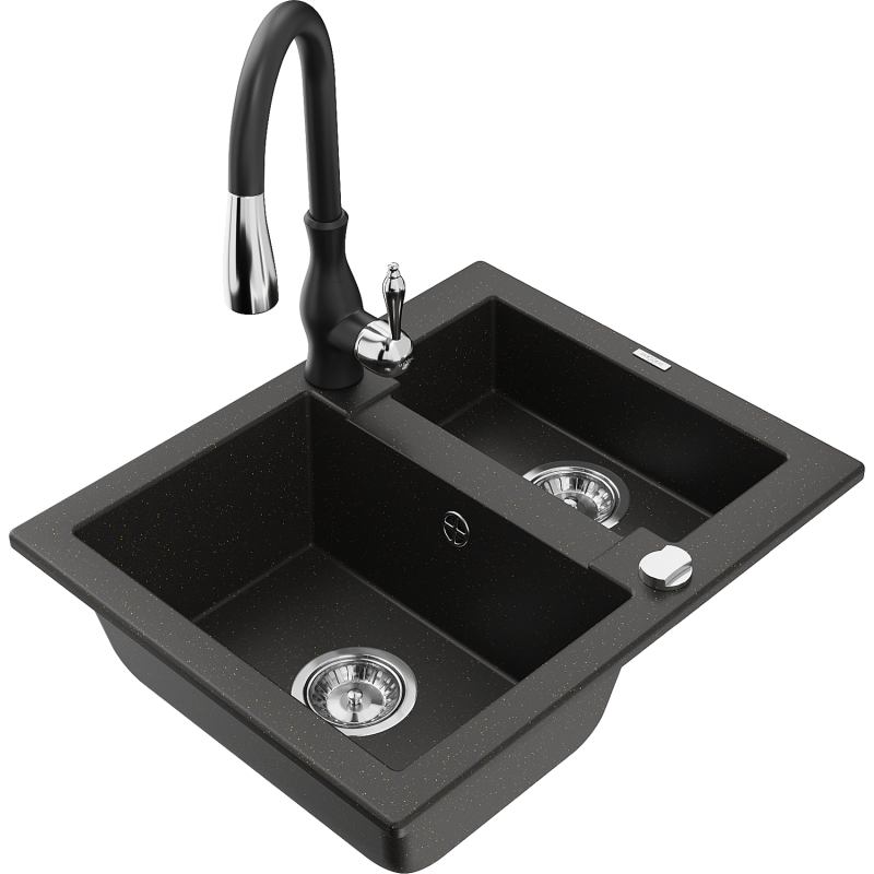 Mexen Carlos chiuvetă de granit cu 1,5 compartimente cu baterie de bucătărie Savita, negru/auriu metalizat - 6518-75-672601-70