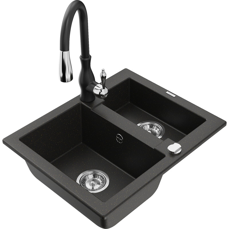 Mexen Carlos chiuvetă de granit cu 1,5 cuve cu baterie de bucătărie Savita, metal negru/auriu - 6518-75-672601-70