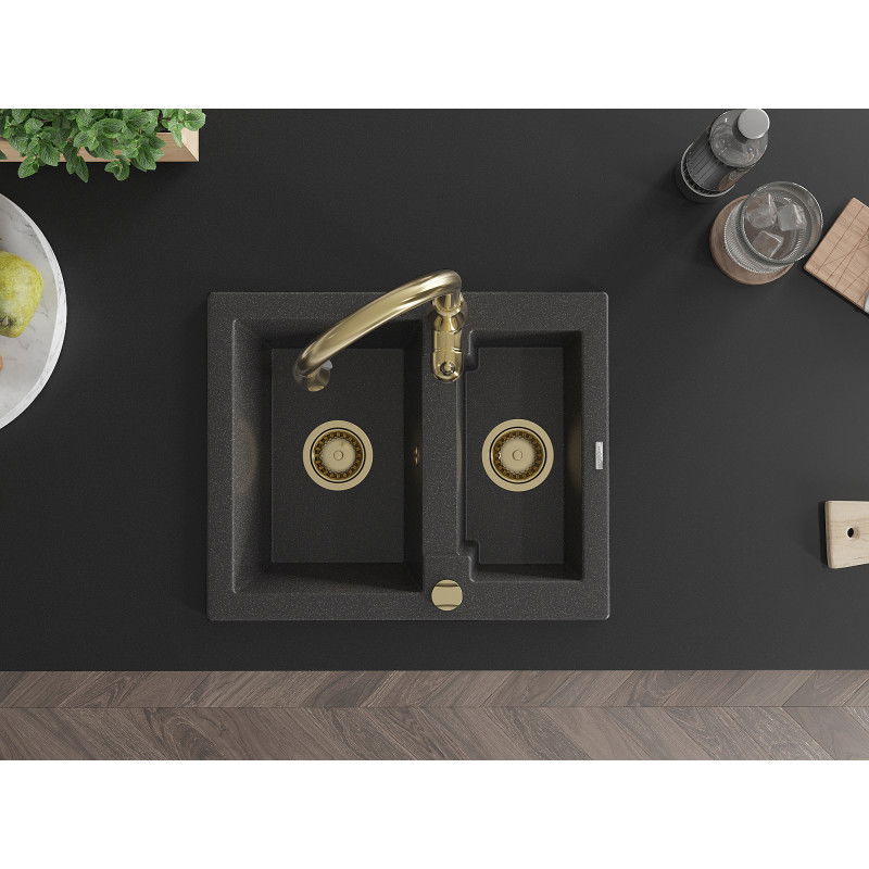 Mexen Carlos chiuvetă de bucătărie din granit cu 1,5 cuve cu baterie de bucătărie Savita, negru pătat - 6518-76-672601-50