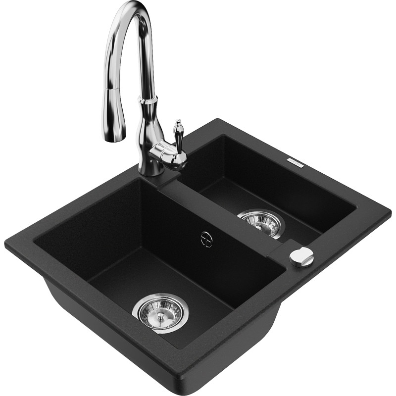 Mexen Carlos chiuvetă de granit cu 1,5 compartimente cu baterie de bucătărie Savita, negru - 6518-77-672601-00