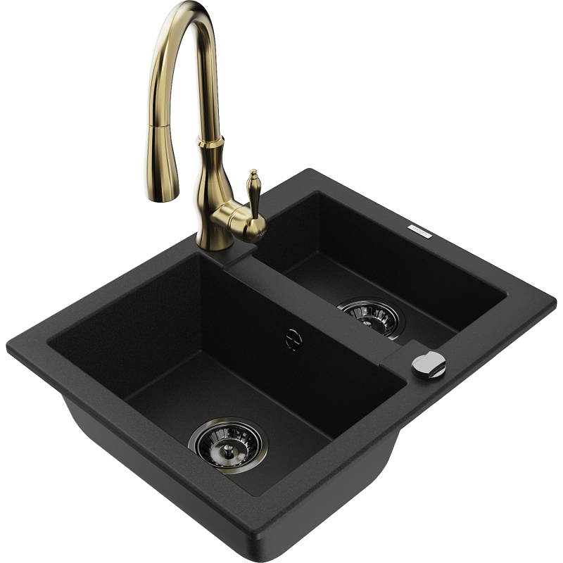 Mexen Carlos chiuvetă de granit 1,5 camere cu baterie de bucătărie Savita, negru - 6518-77-672601-50-B
