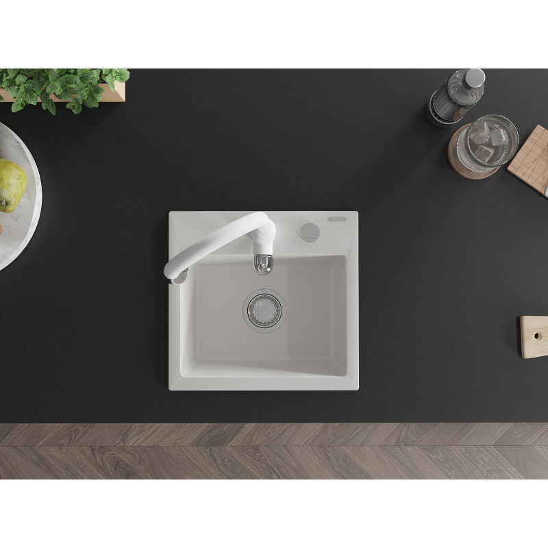 Mexen Milo chiuvetă de granit cu 1 compartiment cu baterie de bucătărie Savita, alb - 6505-20-672601-20