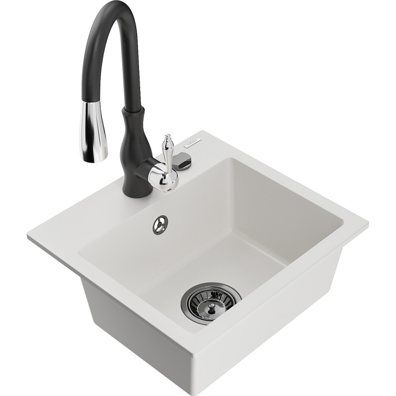 Mexen Milo chiuvetă de granit 1-cameră cu baterie de bucătărie Savita, albă - 6505-20-672601-70