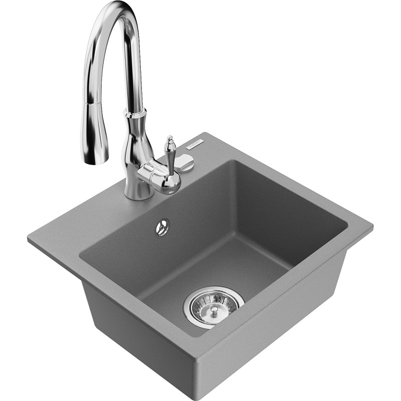 Mexen Milo chiuveta de granit cu 1 compartiment cu baterie de bucătărie Savita, gri - 6505-71-672601-00