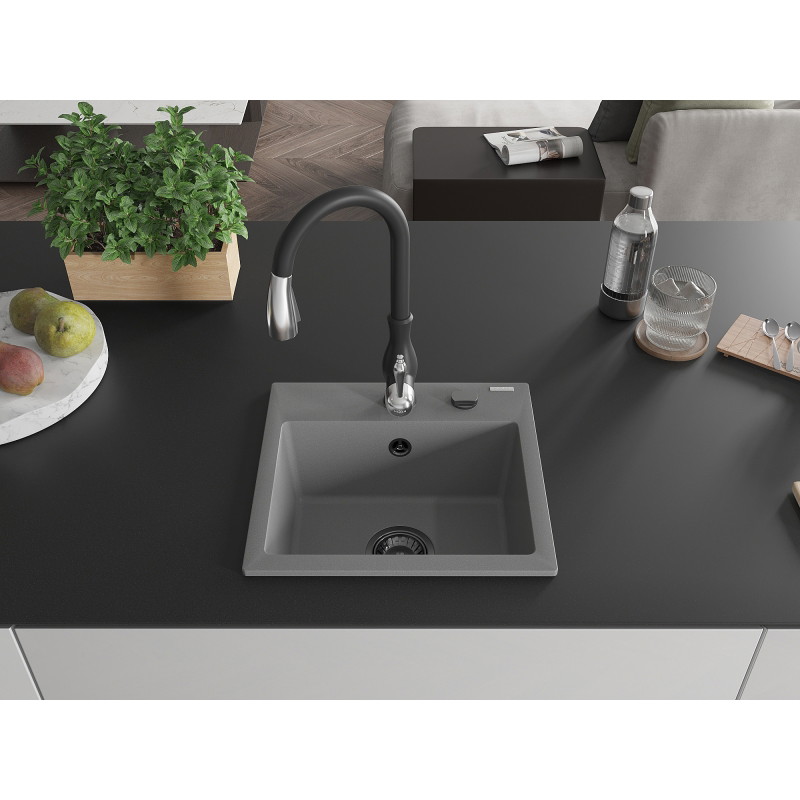 Mexen Milo chiuvetă granitică cu 1 cuvă și baterie de bucătărie Savita, gri - 6505-71-672601-70-B