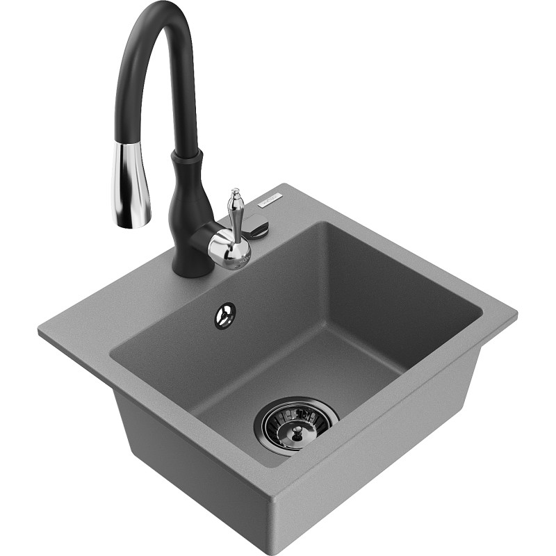 Mexen Milo chiuvetă granitică cu 1 cuvă și baterie de bucătărie Savita, gri - 6505-71-672601-70-B