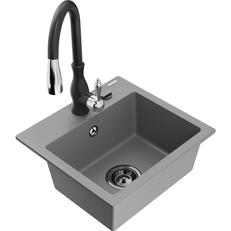 Mexen Milo chiuvetă granitică cu 1 cuvă și baterie de bucătărie Savita, gri - 6505-71-672601-70-B