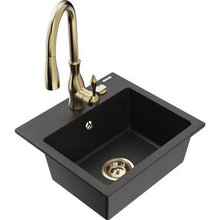 Mexen Milo chiuvetă de granit cu 1 compartiment și baterie de bucătărie Savita, negru/argintiu metalizat - 6505-73-672601-50