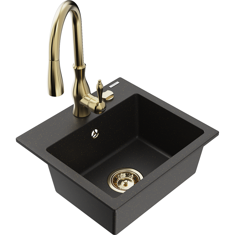 Mexen Milo chiuvetă granitică 1-cameră cu baterie de bucătărie Savita, negru/auriu metalic - 6505-75-672601-50
