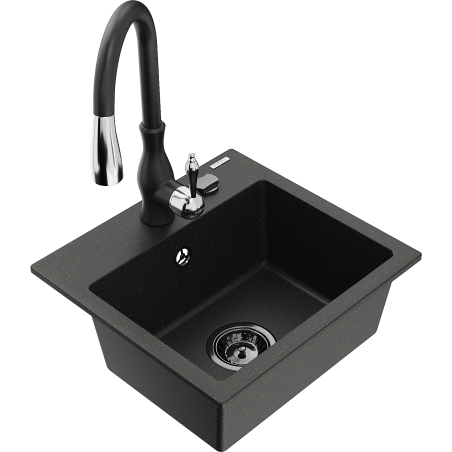 Mexen Milo chiuvetă din granit cu 1 compartiment și baterie de bucătărie Savita, negru/auriu metalic - 6505-75-672601-70-B
