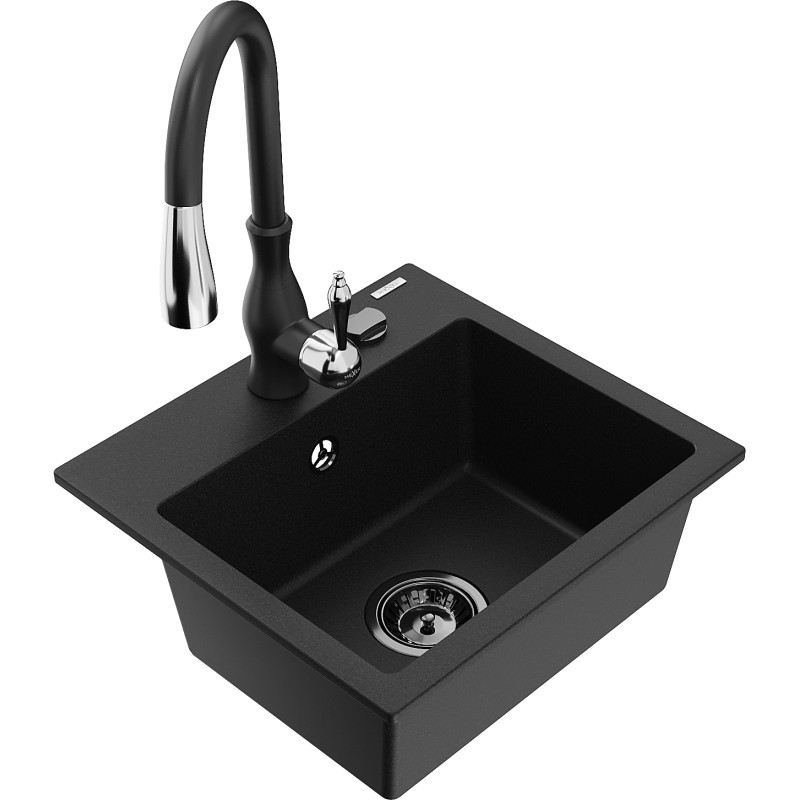 Mexen Milo chiuvetă de granit cu 1 compartiment cu baterie de bucătărie Savita, negru - 6505-77-672601-70-B