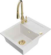 Mexen Enzo egymedencés gránit mosogató csepegtető tálcával és Savita konyhai csapteleppel, fehér - 6506-20-672601-50