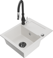 Mexen Enzo chiuvetă de granit cu 1 compartiment cu scurgător și baterie de bucătărie Savita, alb - 6506-20-672601-70