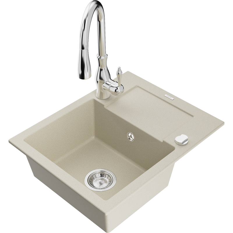 Mexen Enzo chiuvetă de granit cu o cuvă și scurgător și baterie de bucătărie Savita, bej - 6506-69-672601-00